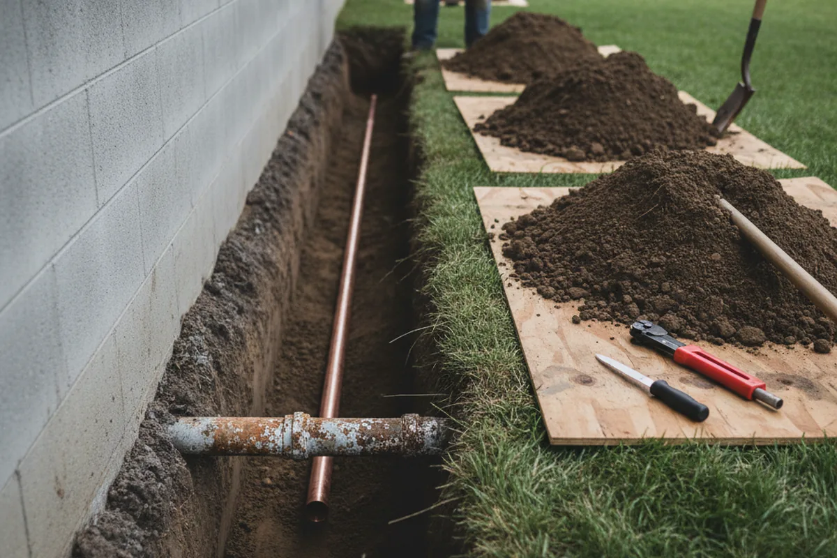 Excavated water line trench during Water Softener Installation in West Berlin